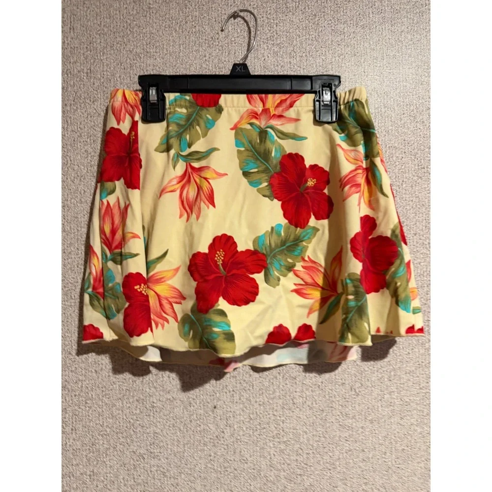 Tropical Floral Swim Skirt with Built-in Brief Cream Red Green small
